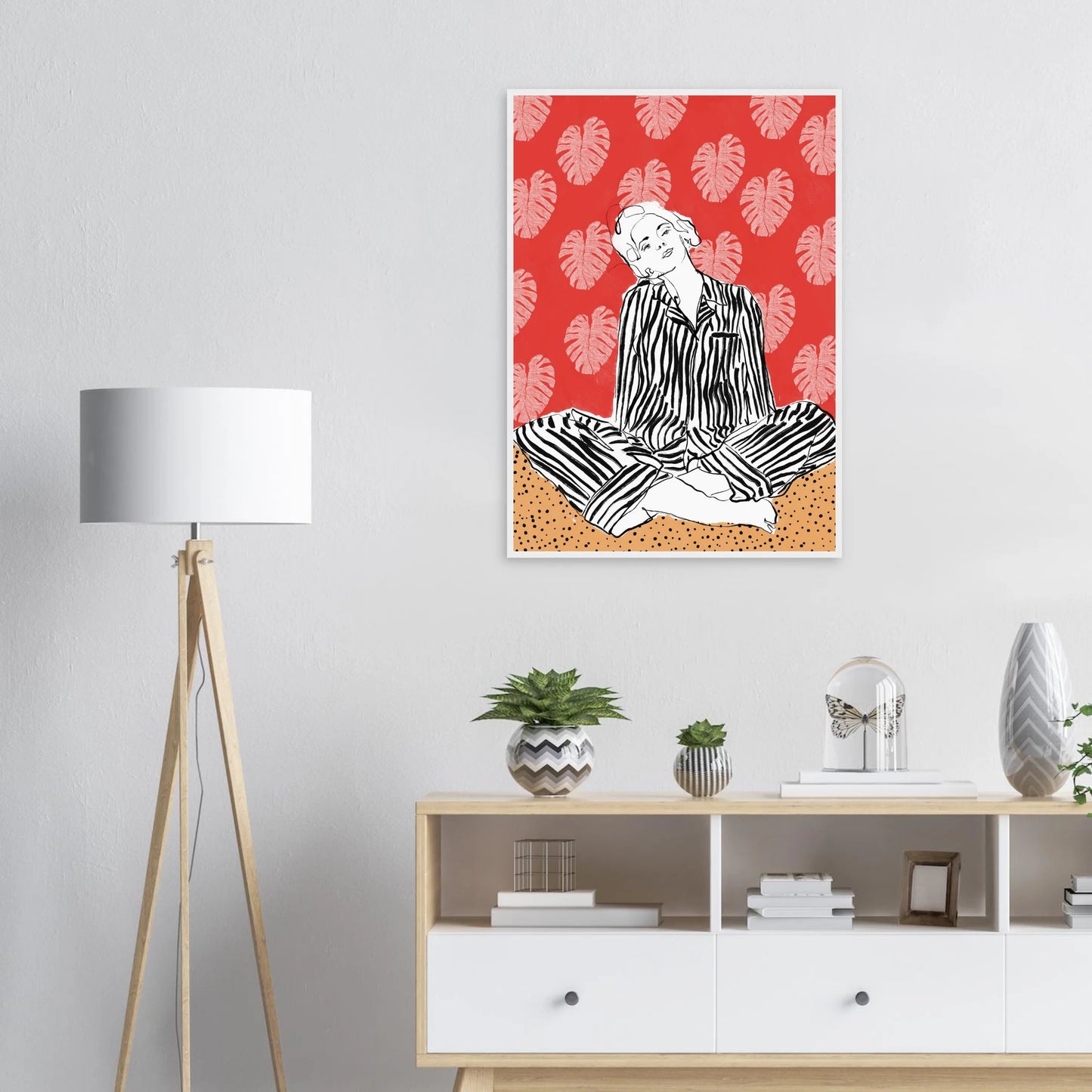 Red boho chic tropical leaf art print elevate your space with vibrant style bohemian flair art print in a  size  affordable wall art by Art Aunty NZ
