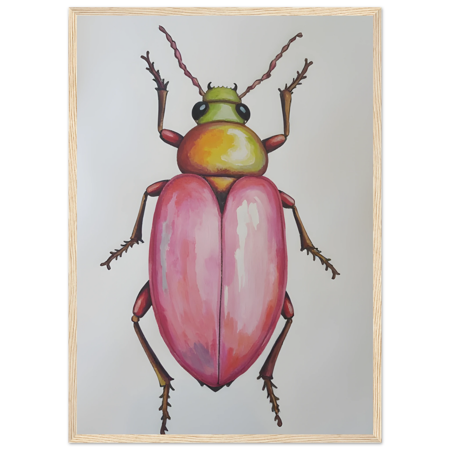 4pm whimsical pink green beetle art print for modern spaces available in three sizes and frame finishes art print in a Black frame size A2 (42 x 59.4  cm) affordable wall art by Art Aunty NZ