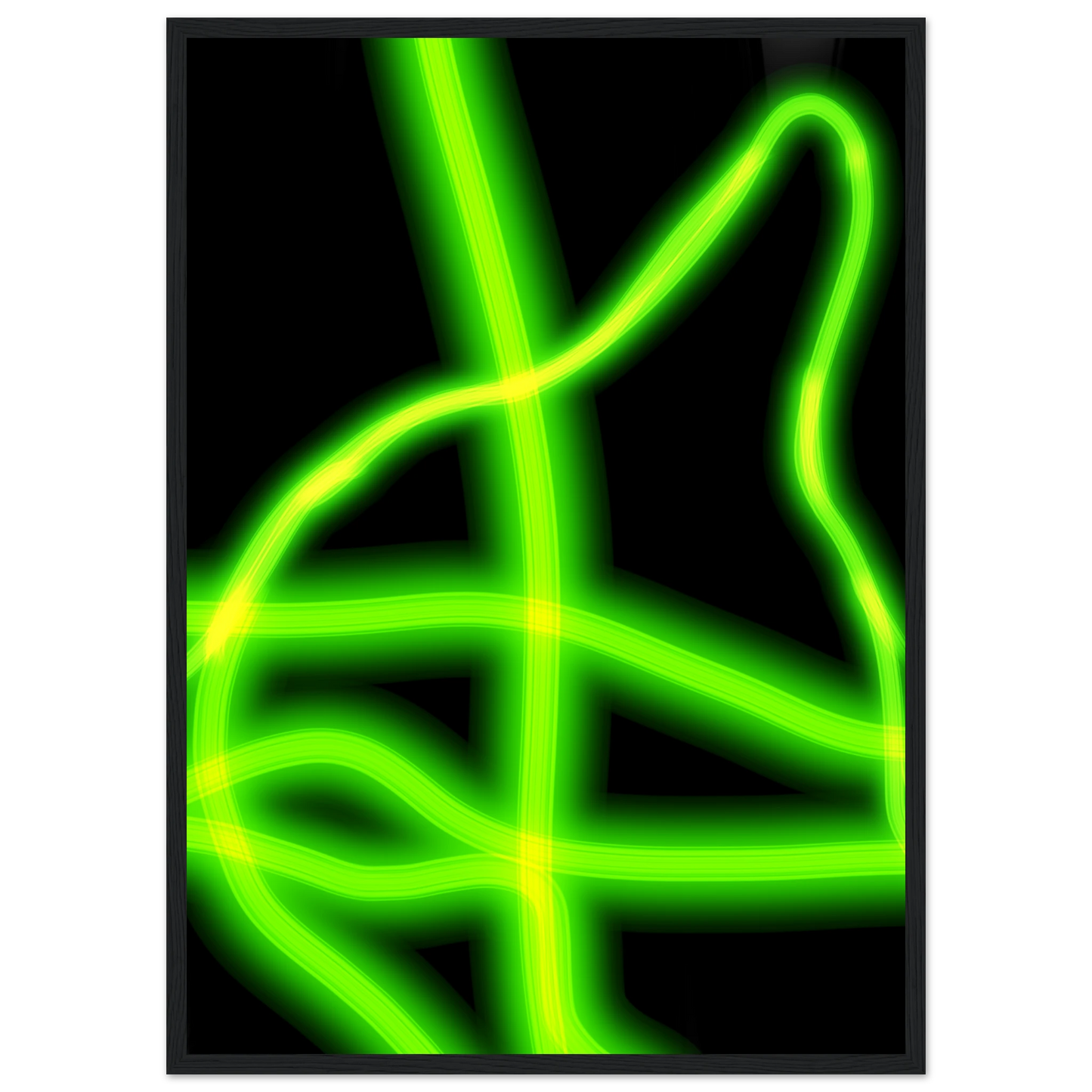 Neon gridflow abstract wall art vibrant green yellow luminescence in your choice of frame size art print in a Wood frame size 21x29.7 cm / 8x12" affordable wall art by Art Aunty NZ