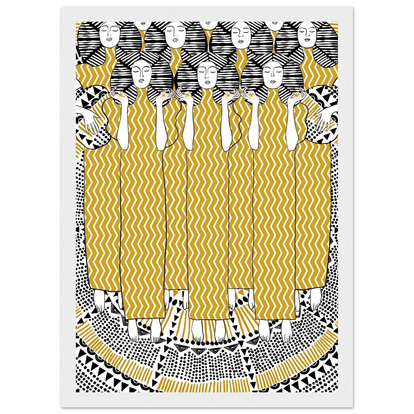 Golden women art print bohemian serenity with geometric patterns your choice of size frame art print in a Wood frame size A1 (59.4 x 84.1  cm) affordable wall art by Art Aunty NZ