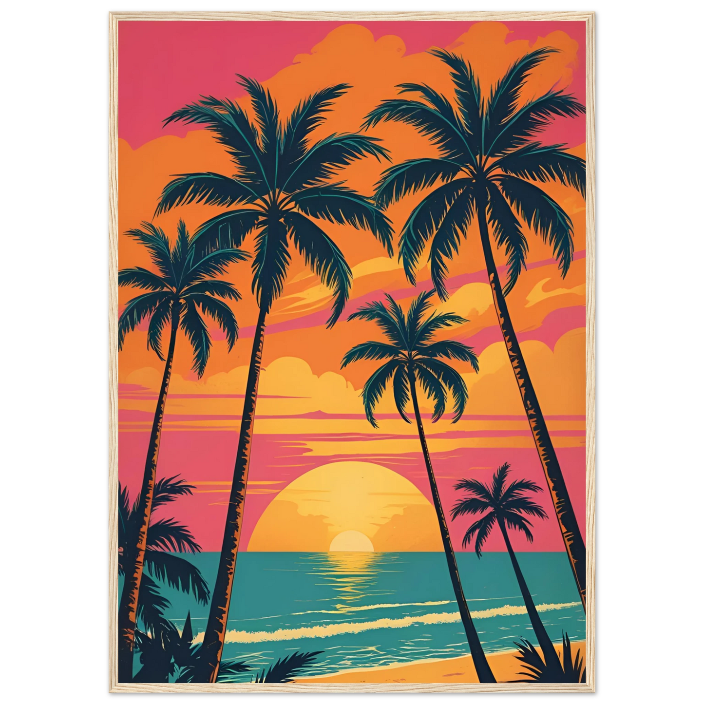 Vibrant sunset beach palm trees art print by anya trut tropical dreamscape wall decor art print in a Black frame size A1 (59.4 x 84.1  cm) affordable wall art by Art Aunty NZ