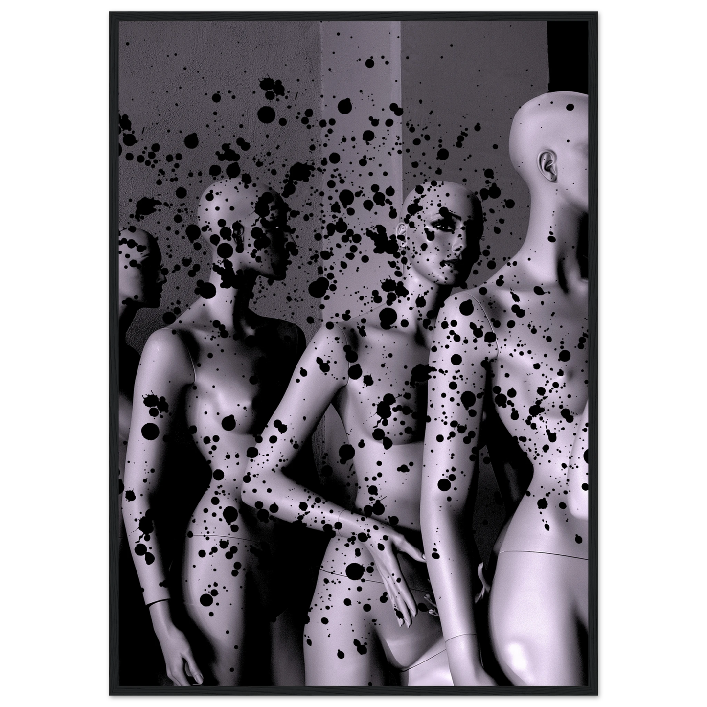 Abstract mannequin splatter art print by anya trut expressive wall decor in your choice of size and frame art print in a Black frame size A2 (42 x 59.4  cm) affordable wall art by Art Aunty NZ