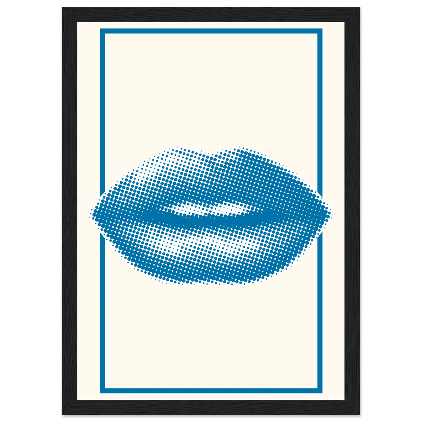 Blue kiss pop art lips print halftone digital art by anya trut in your choice of frame size art print in a White frame size A2 (42 x 59.4  cm) affordable wall art by Art Aunty NZ