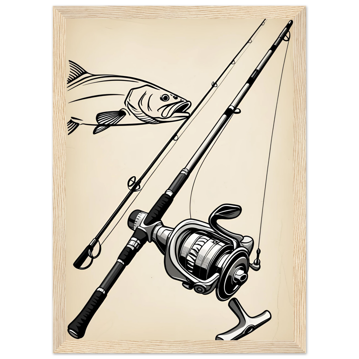 Classic fishing rod reel with bass design art print for anglers outdoors enthusiasts art print in a Black frame size 21x29.7 cm / 8x12" affordable wall art by Art Aunty NZ