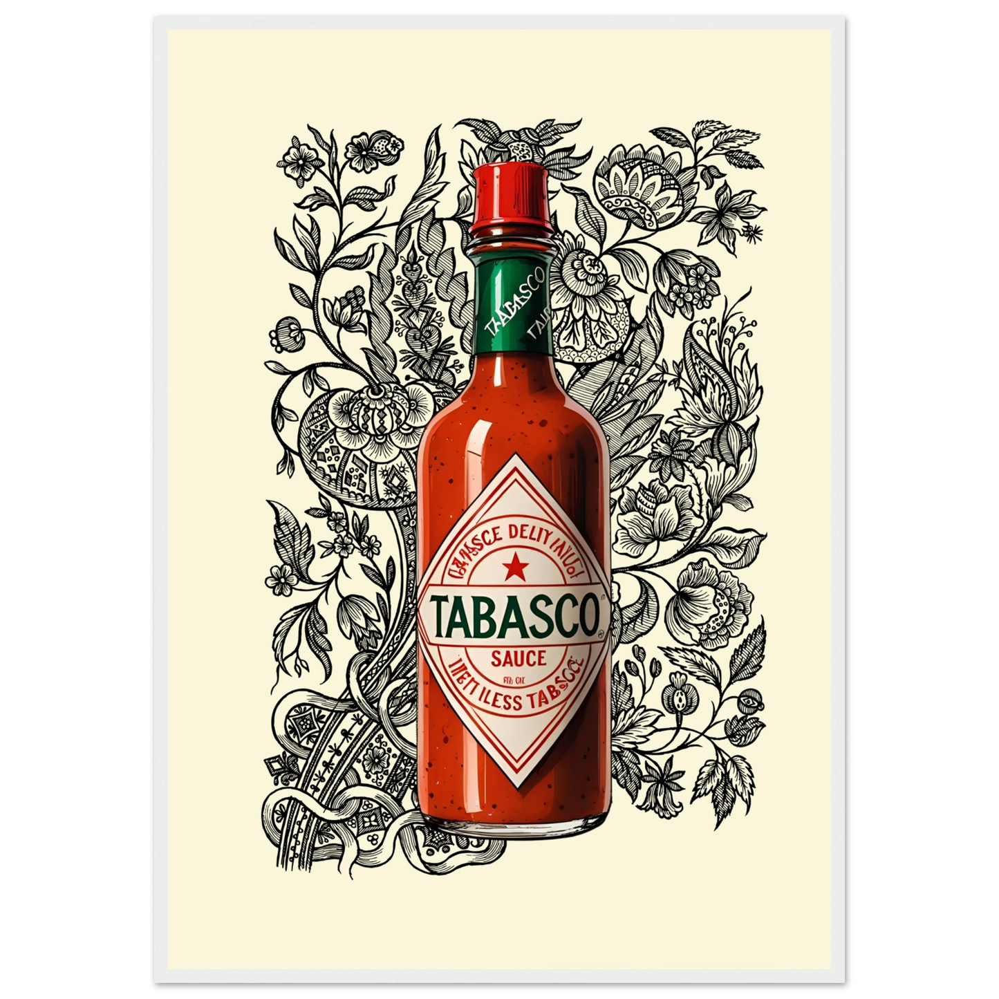 Tabasco sauce pop art bold spicy wall art by anya trut choose your size frame art print in a White frame size 21x29.7 cm / 8x12" affordable wall art by Art Aunty NZ