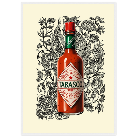 Tabasco sauce pop art bold spicy wall art by anya trut choose your size frame art print in a White frame size 21x29.7 cm / 8x12" affordable wall art by Art Aunty NZ