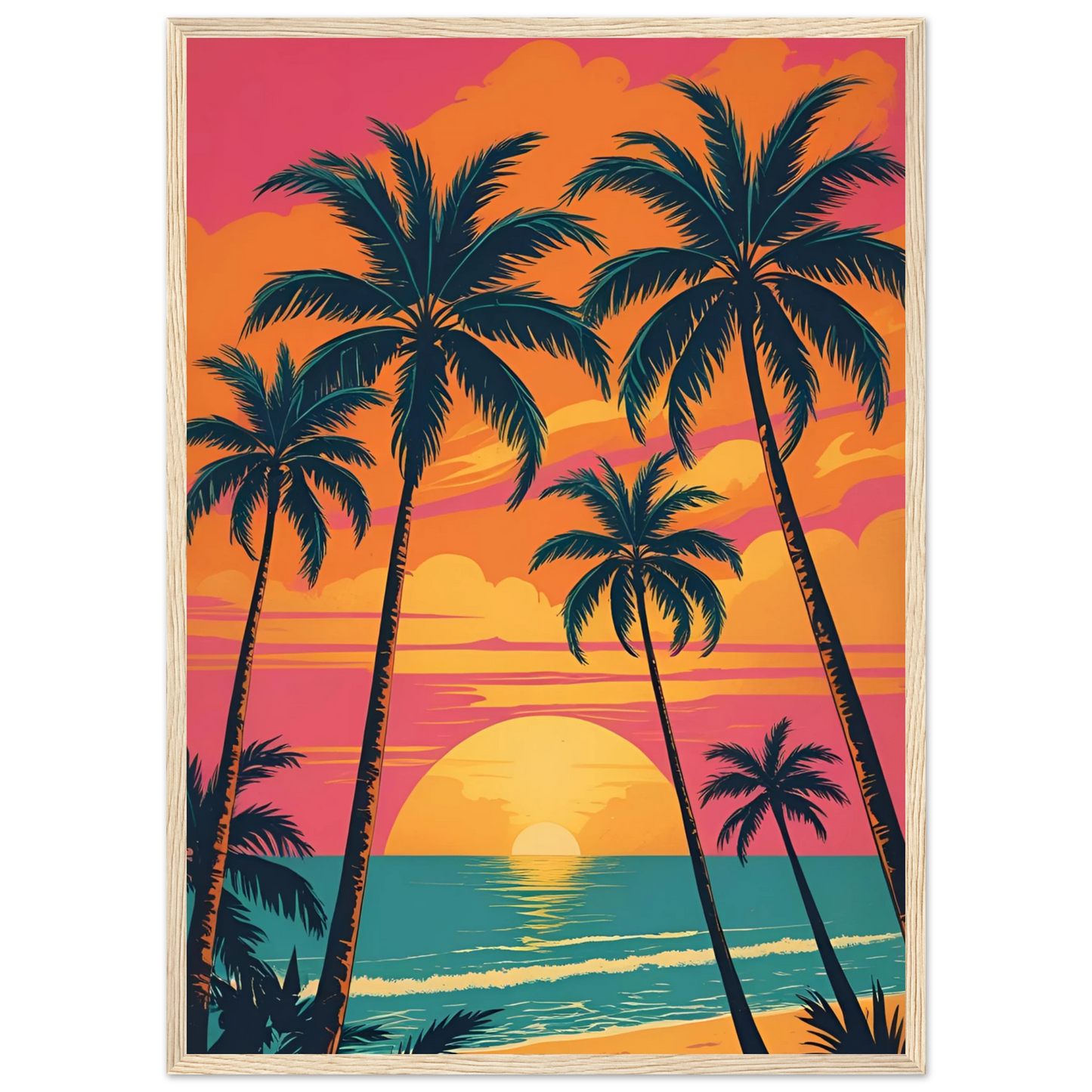 Vibrant sunset beach palm trees art print by anya trut tropical dreamscape wall decor art print in a White frame size A1 (59.4 x 84.1  cm) affordable wall art by Art Aunty NZ