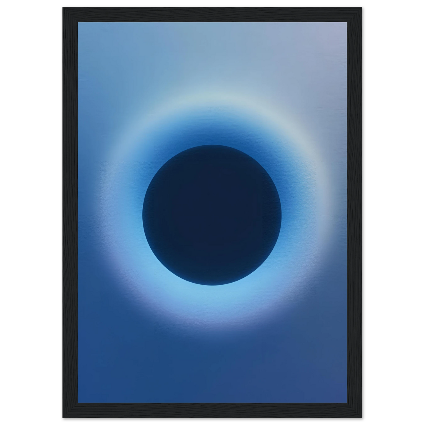 Cosmic aura eclipse art print mesmerizing blue black abstract circle for modern decor available in multiple sizes and frames art print in a White frame size A2 (42 x 59.4  cm) affordable wall art by Art Aunty NZ