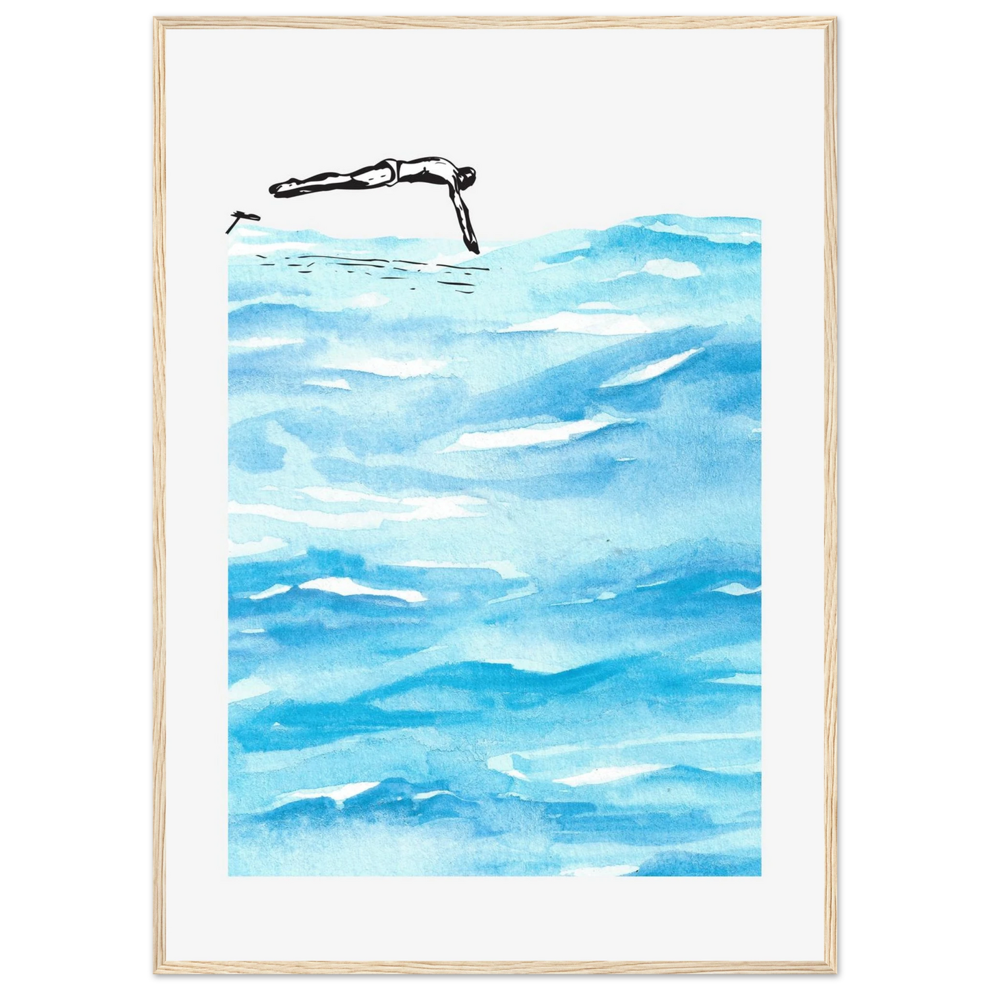 Deep diving art print in a Wood frame size 21x29.7 cm / 8x12" affordable wall art by Art Aunty NZ