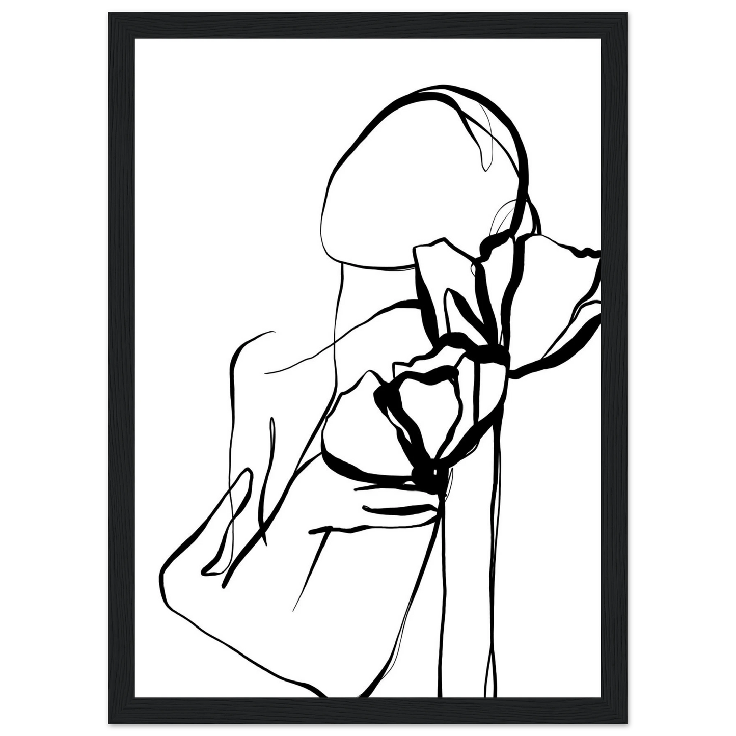 Abstract floral embrace line art print minimalist black white botanical poster art print in a Wood frame size 21x29.7 cm / 8x12" affordable wall art by Art Aunty NZ