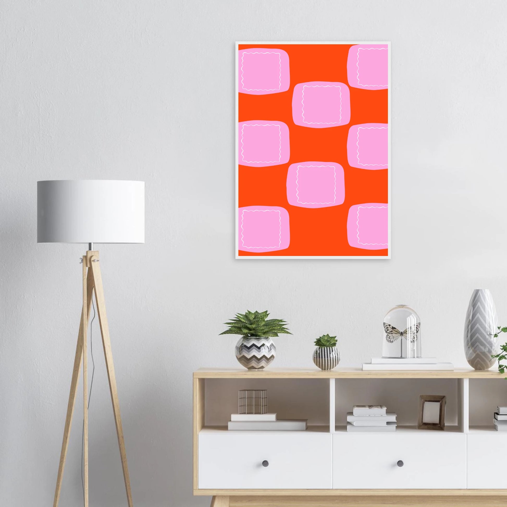 Abstract geometric print vibrant orange pink wall art by anya trut choose your size frame art print in a  size  affordable wall art by Art Aunty NZ