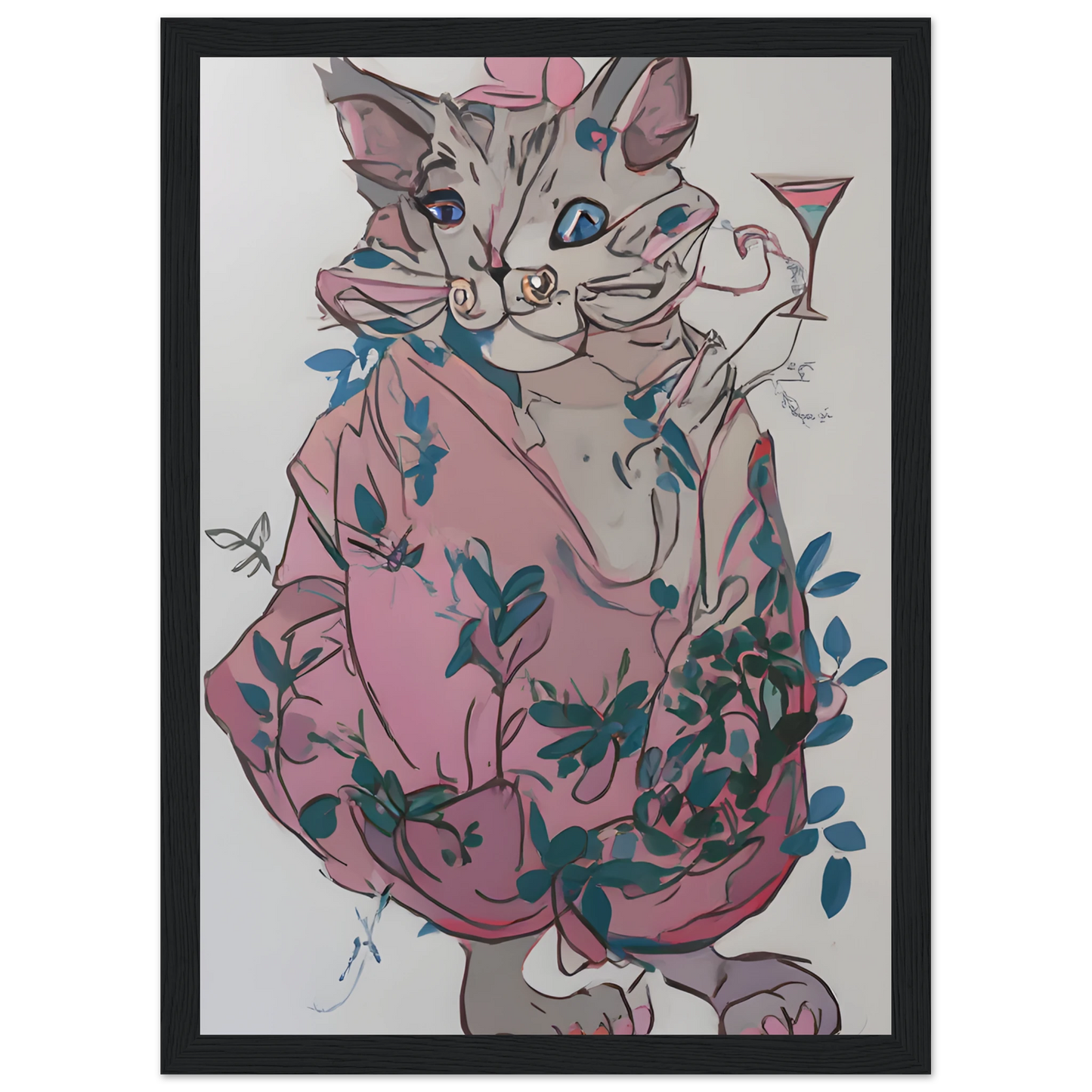 Chic cat with cocktail whimsical pink blue floral art print by anya trut choose your size frame art print in a White frame size A2 (42 x 59.4  cm) affordable wall art by Art Aunty NZ