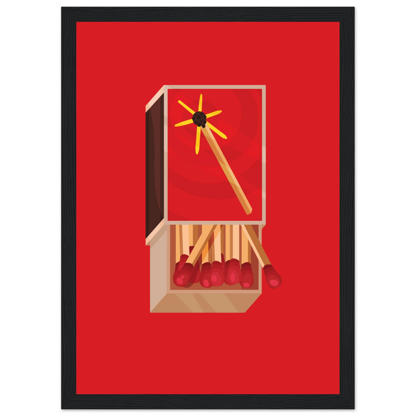 Fiery matchbox art print ignite your decor with bold red yellow hues available framed in various sizes art print in a White frame size A2 (42 x 59.4  cm) affordable wall art by Art Aunty NZ
