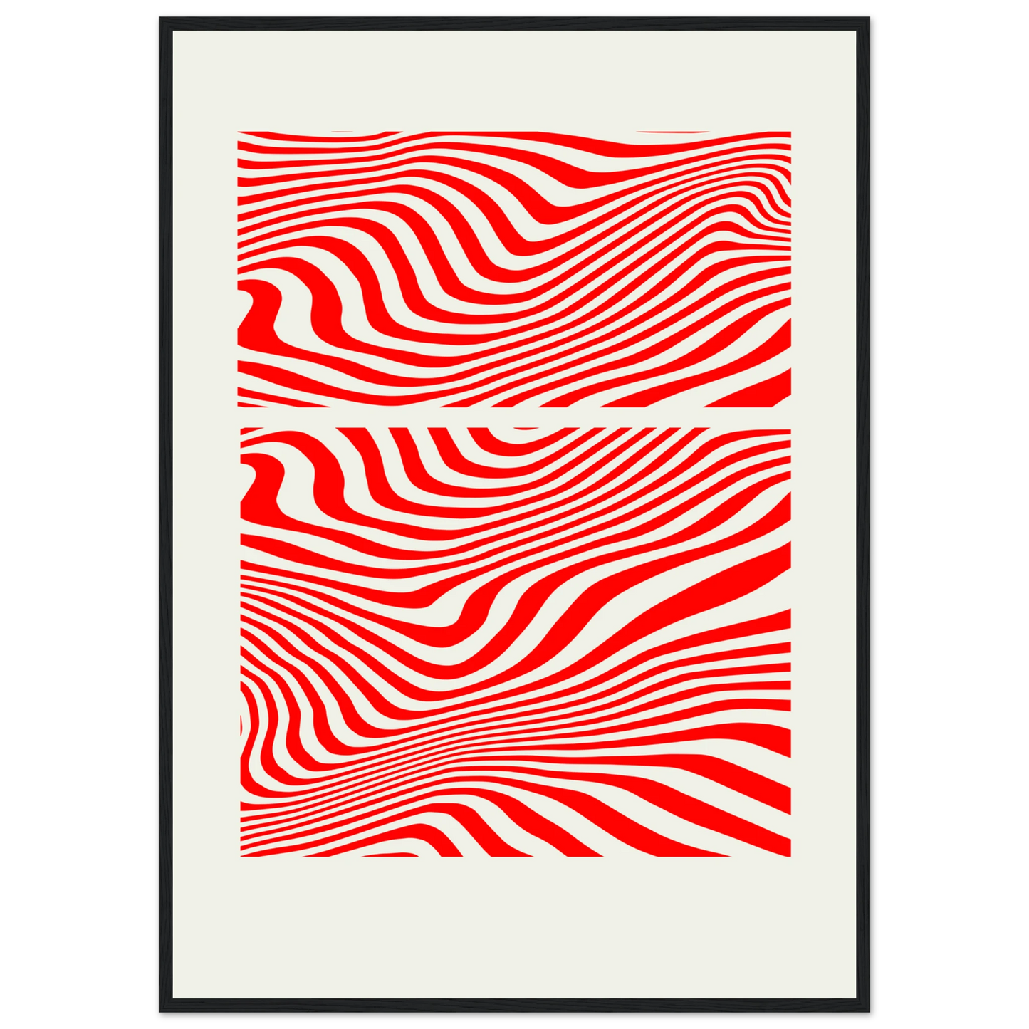 Psychedelic red white waves abstract print hypnotic rhythm framed poster in multiple sizes frame colors art print in a Black frame size A2 (42 x 59.4  cm) affordable wall art by Art Aunty NZ