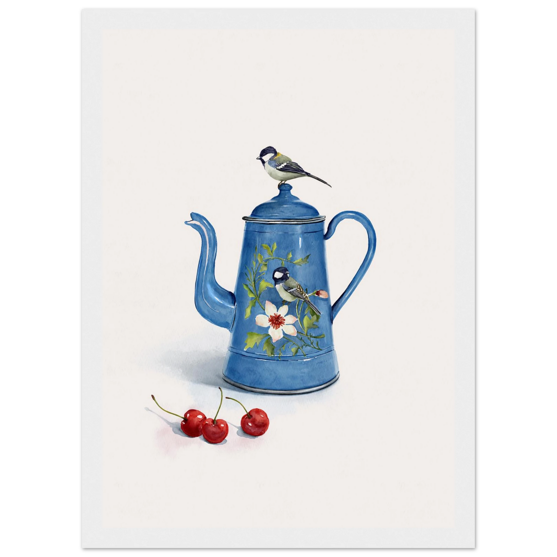 Charming blue bird enamel kettle art print by ioana horvat choose your size frame art print in a Wood frame size A1 (59.4 x 84.1  cm) affordable wall art by Art Aunty NZ