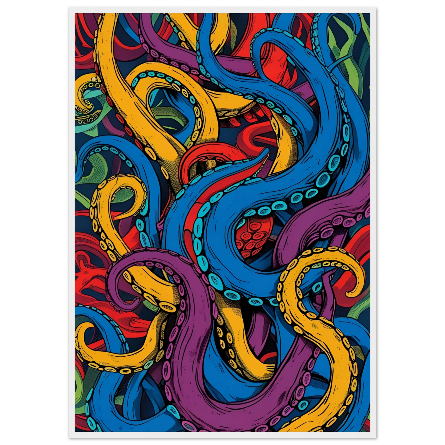 Vibrant tentacles abstract art print dynamic ocean inspired wall decor in your choice of size frame art print in a White frame size 21x29.7 cm / 8x12" affordable wall art by Art Aunty NZ