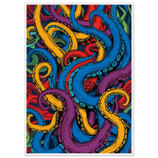 Vibrant tentacles abstract art print dynamic ocean inspired wall decor in your choice of size frame art print in a White frame size 21x29.7 cm / 8x12" affordable wall art by Art Aunty NZ