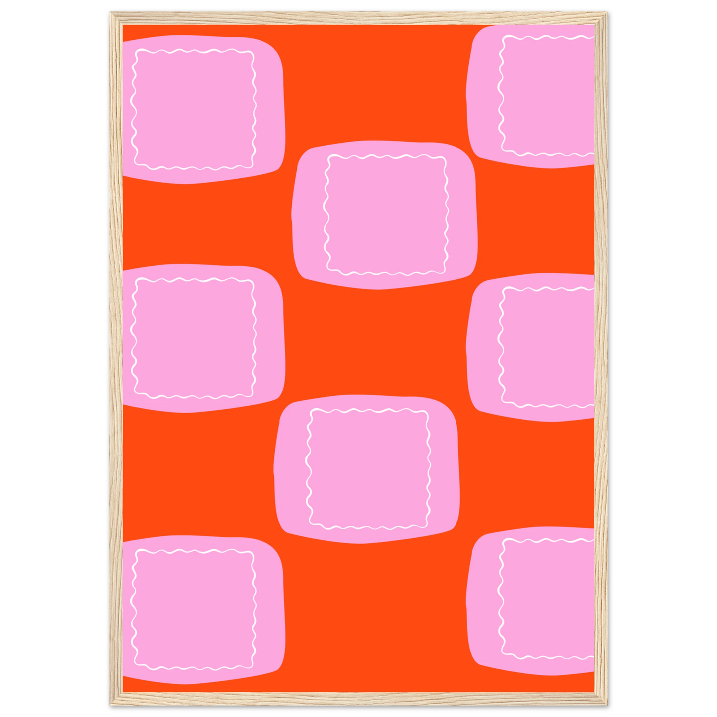 Abstract geometric print vibrant orange pink wall art by anya trut choose your size frame art print in a White frame size A1 (59.4 x 84.1  cm) affordable wall art by Art Aunty NZ