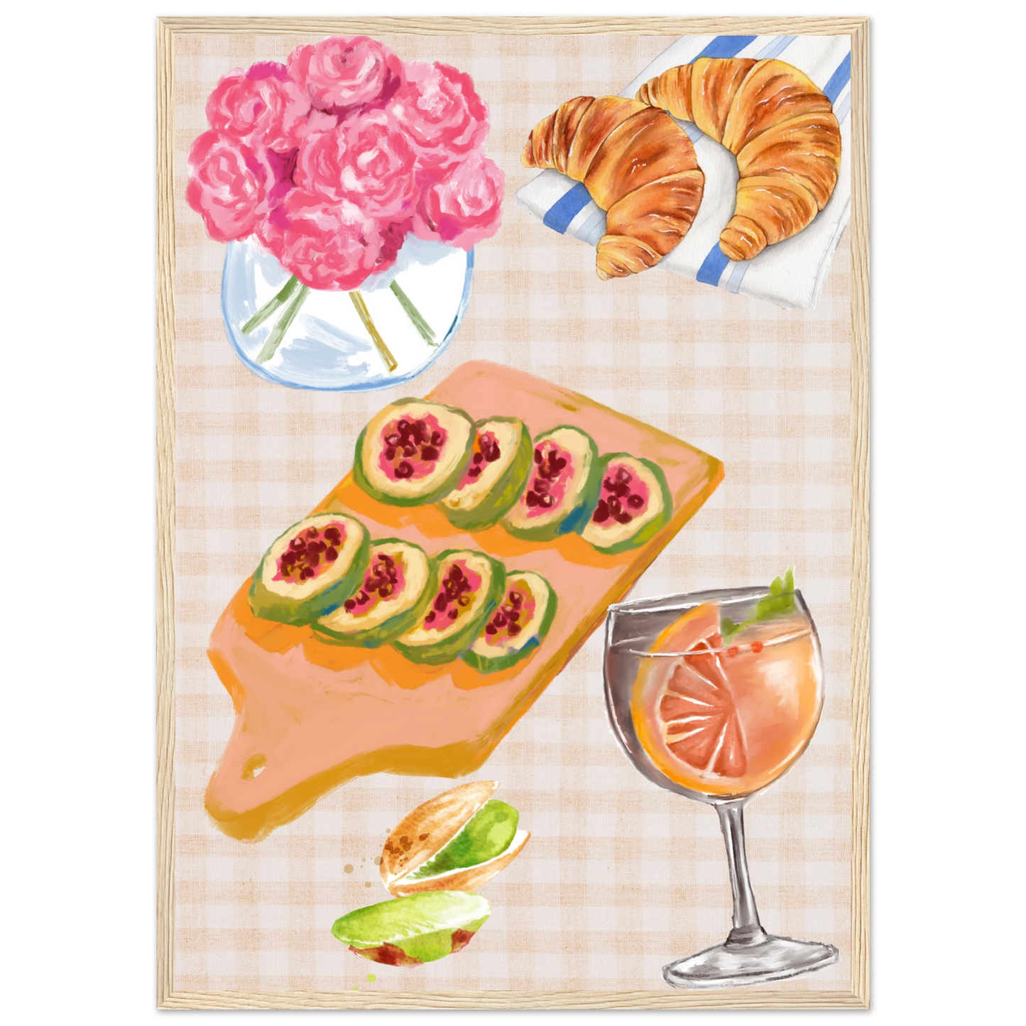 Summer brunch still life framed poster anya trut original artwork 1 art print in a White frame size A1 (59.4 x 84.1  cm) affordable wall art by Art Aunty NZ