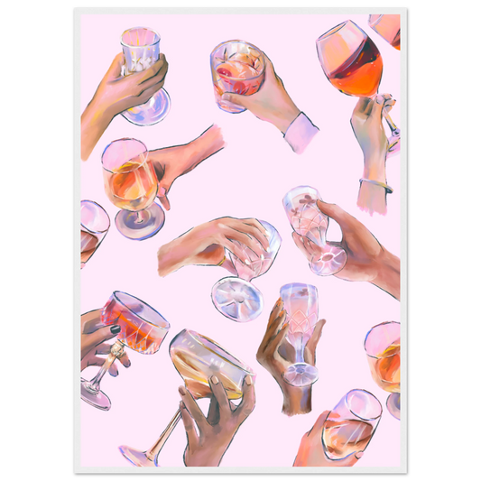 Pink toasts art print celebrate with cheers by anya trut choose your size frame art print in a White frame size 21x29.7 cm / 8x12" affordable wall art by Art Aunty NZ