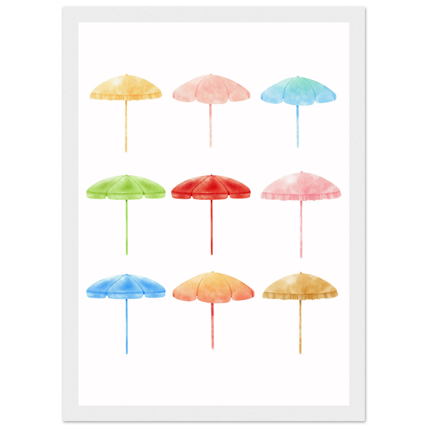 Summer shades playful watercolor beach umbrellas art print by anya trut choose your size frame art print in a Wood frame size A1 (59.4 x 84.1  cm) affordable wall art by Art Aunty NZ