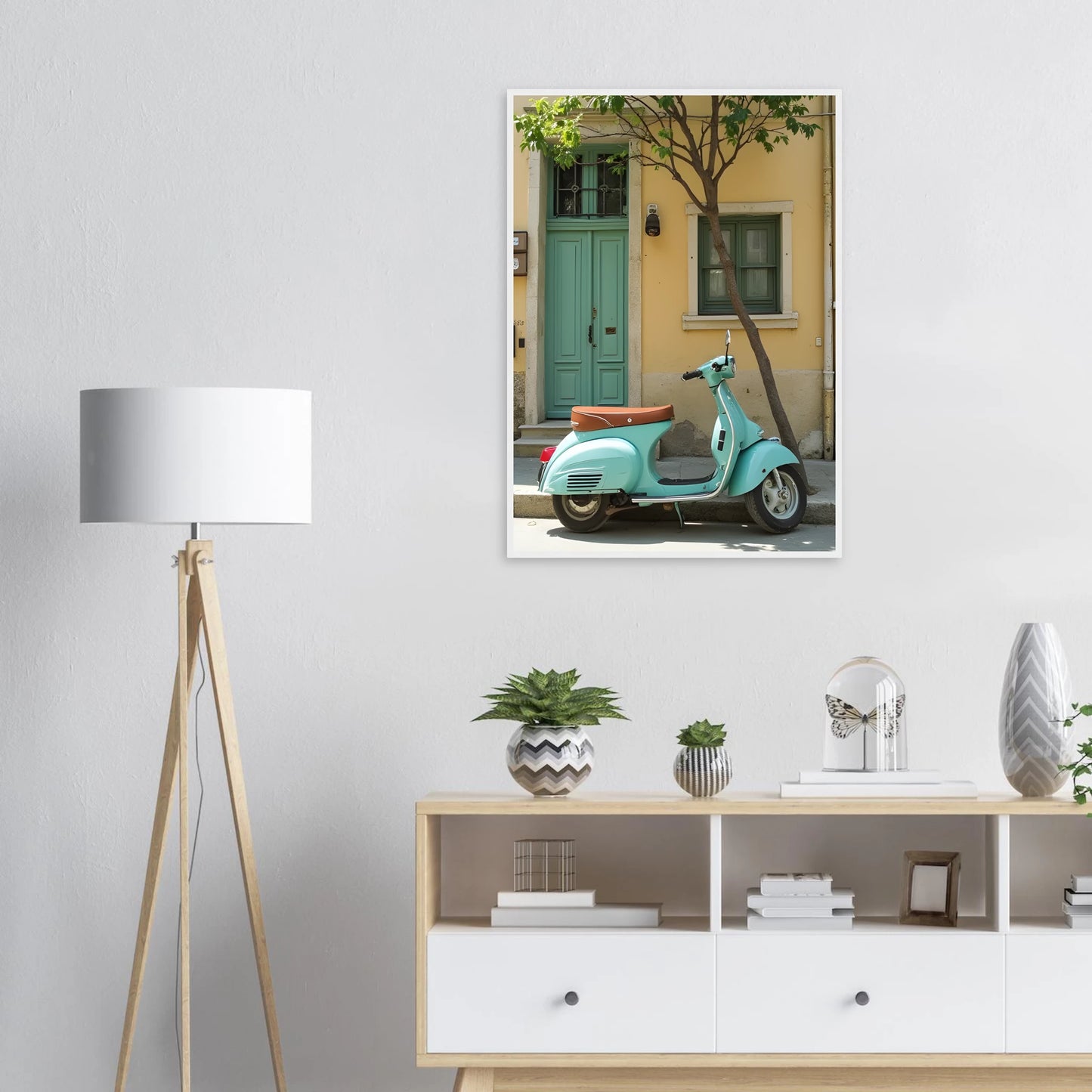 Retro teal vespa street scene art print by anya trut choose your size frame art print in a  size  affordable wall art by Art Aunty NZ
