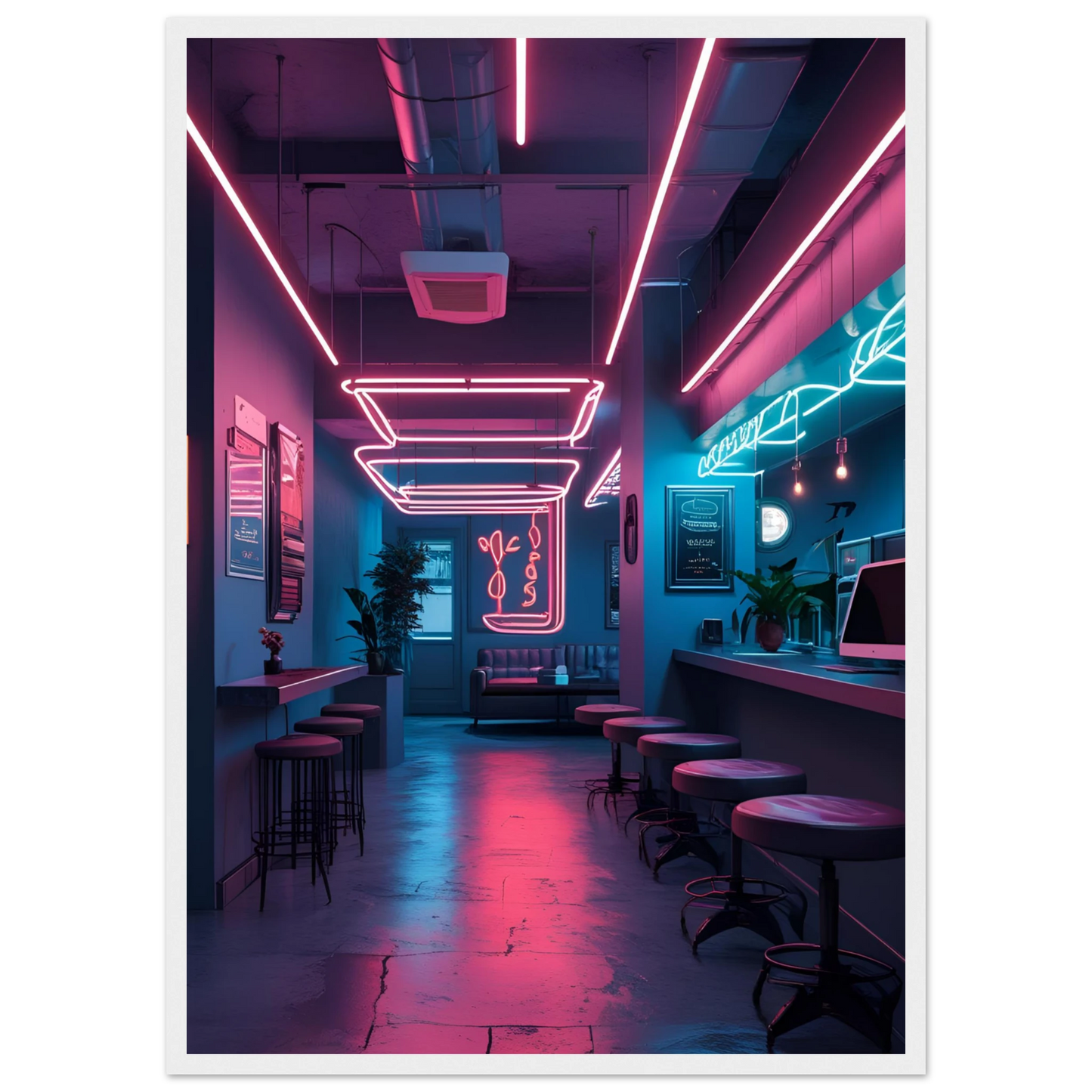 Neon dreams retro cafe art print by anya trut choose your size frame for a cyberpunk vibe art print in a Wood frame size A2 (42 x 59.4  cm) affordable wall art by Art Aunty NZ