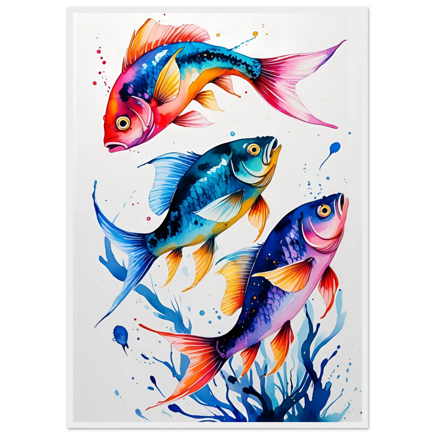 Vibrant ocean trio art print colorful fish watercolor wall decor available in various sizes frames art print in a White frame size 21x29.7 cm / 8x12" affordable wall art by Art Aunty NZ
