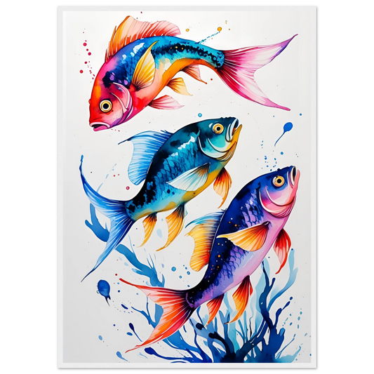 Vibrant ocean trio art print colorful fish watercolor wall decor available in various sizes frames art print in a White frame size 21x29.7 cm / 8x12" affordable wall art by Art Aunty NZ