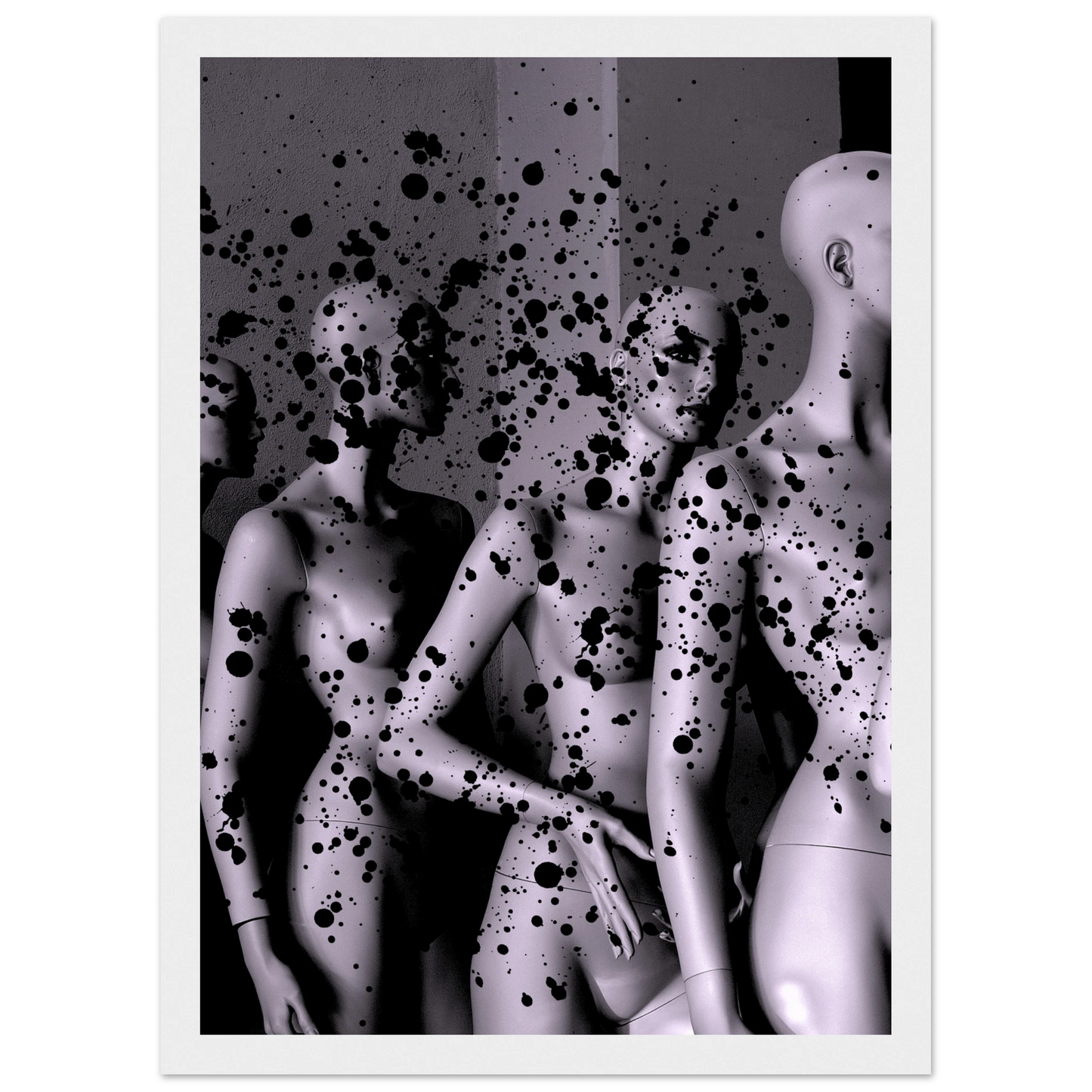 Abstract mannequin splatter art print by anya trut expressive wall decor in your choice of size and frame art print in a Wood frame size A1 (59.4 x 84.1  cm) affordable wall art by Art Aunty NZ