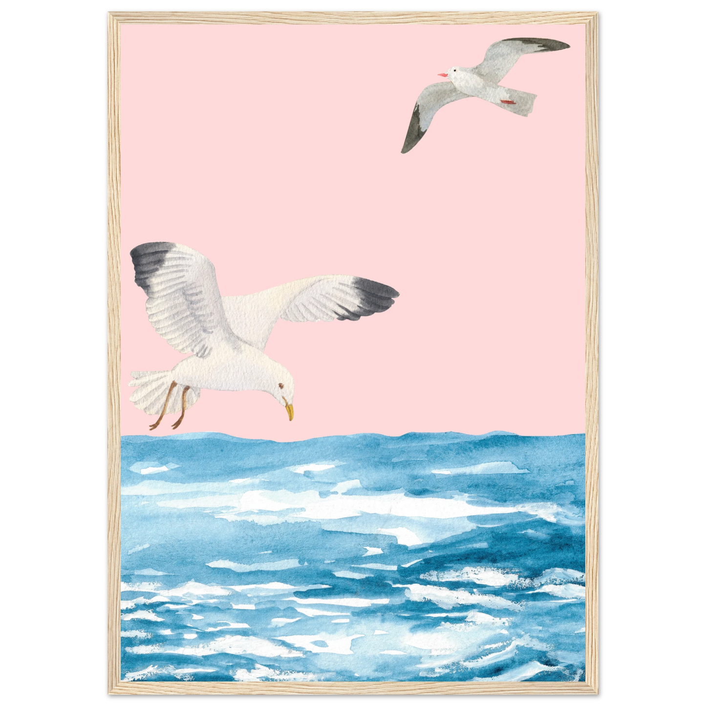 Coastal flight serene seagull watercolour art print by anya trut choose your size frame art print in a White frame size A1 (59.4 x 84.1  cm) affordable wall art by Art Aunty NZ
