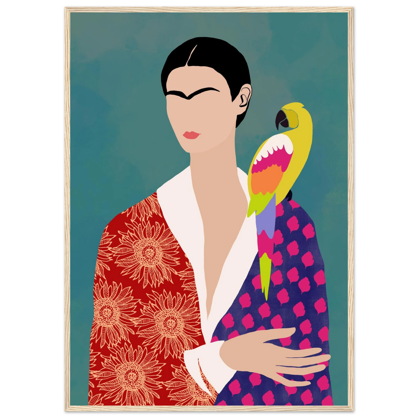 Fridas parrot bold abstract portrait art print in various sizes frames art print in a White frame size A1 (59.4 x 84.1  cm) affordable wall art by Art Aunty NZ