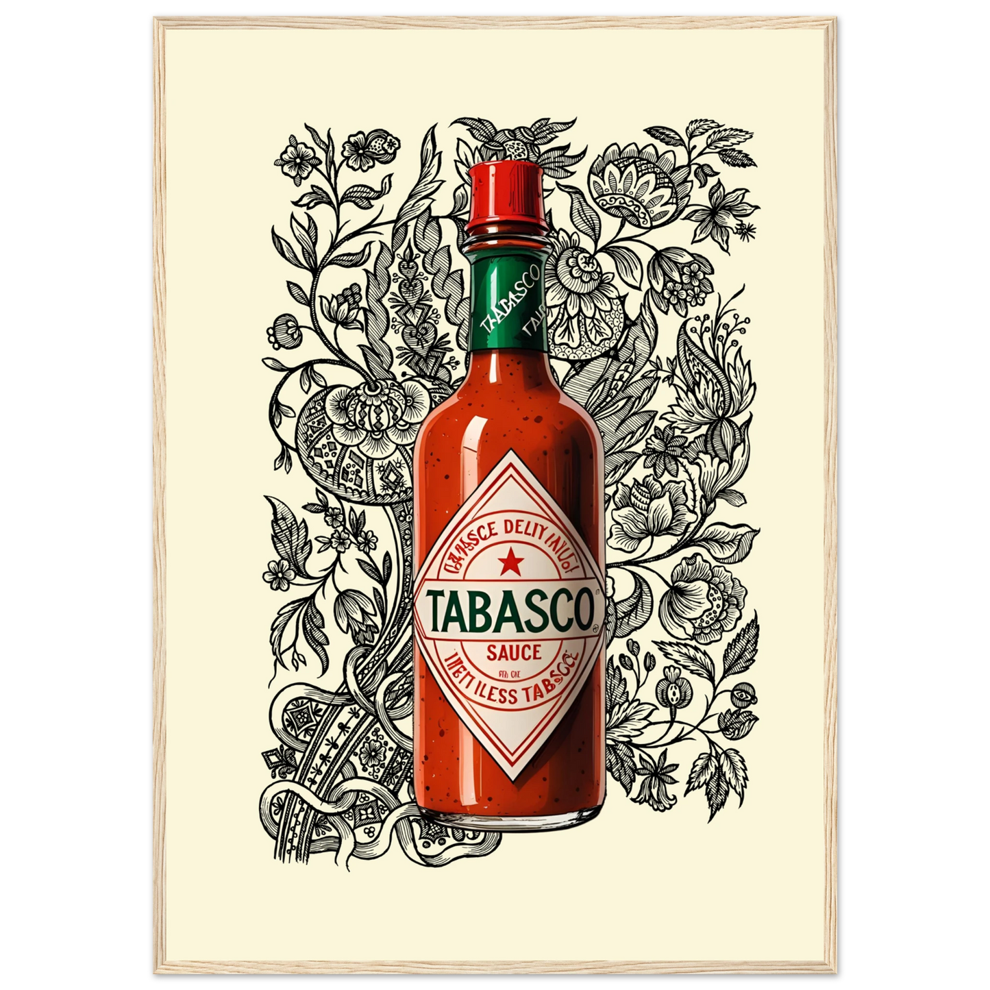 Tabasco sauce pop art bold spicy wall art by anya trut choose your size frame art print in a Black frame size A1 (59.4 x 84.1  cm) affordable wall art by Art Aunty NZ