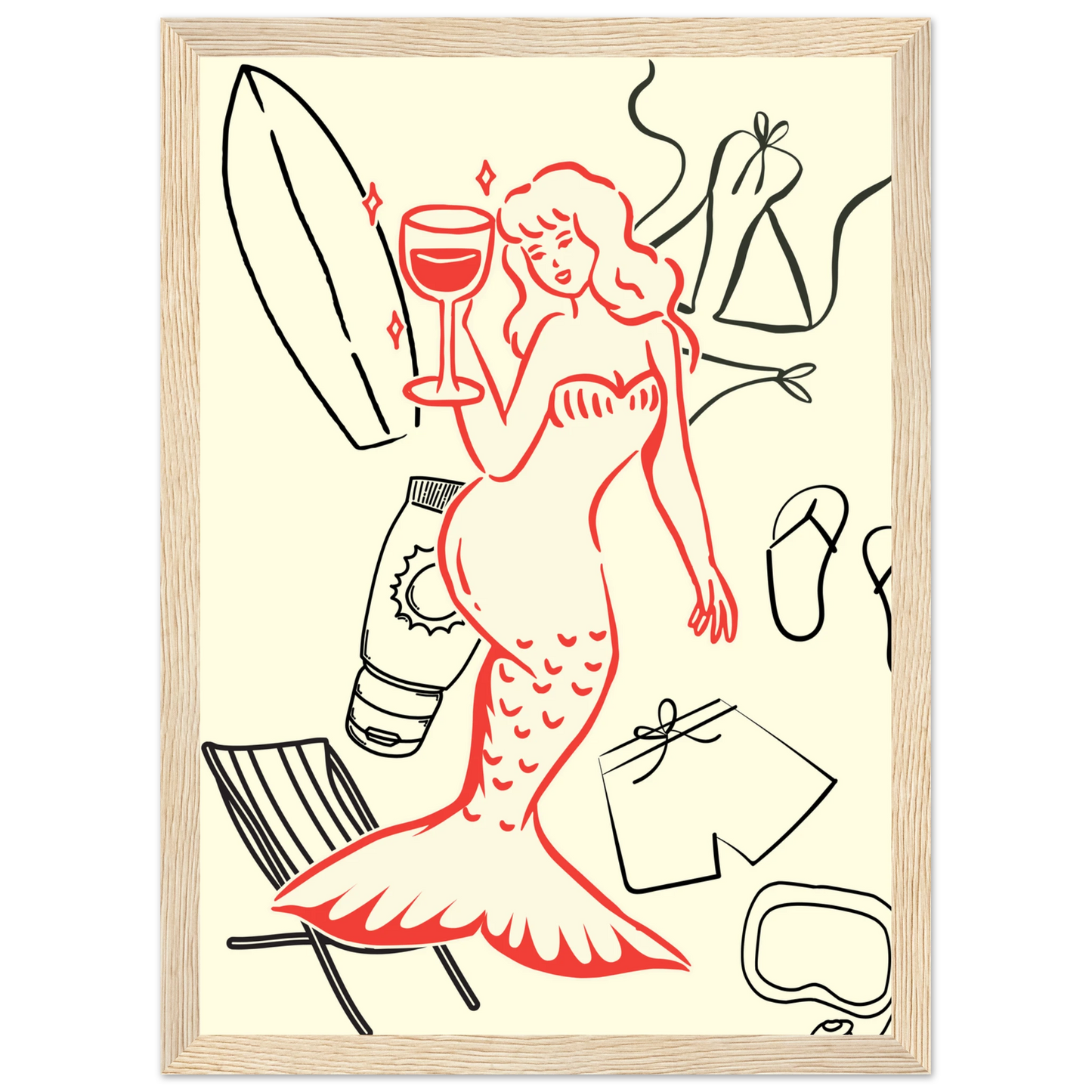 Summer mermaid wall art print beach vibes relaxation in your choice of size frame art print in a Black frame size 21x29.7 cm / 8x12" affordable wall art by Art Aunty NZ