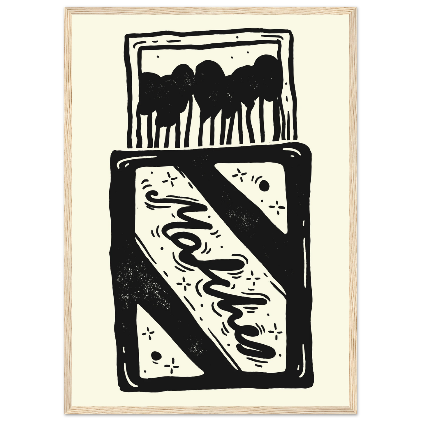 Charming match linocut art print by anya trut black white abstract home decor art print in a White frame size A1 (59.4 x 84.1  cm) affordable wall art by Art Aunty NZ