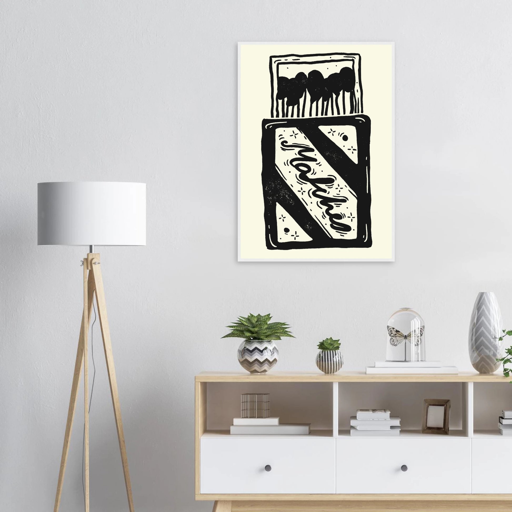 Charming match linocut art print by anya trut black white abstract home decor art print in a  size  affordable wall art by Art Aunty NZ