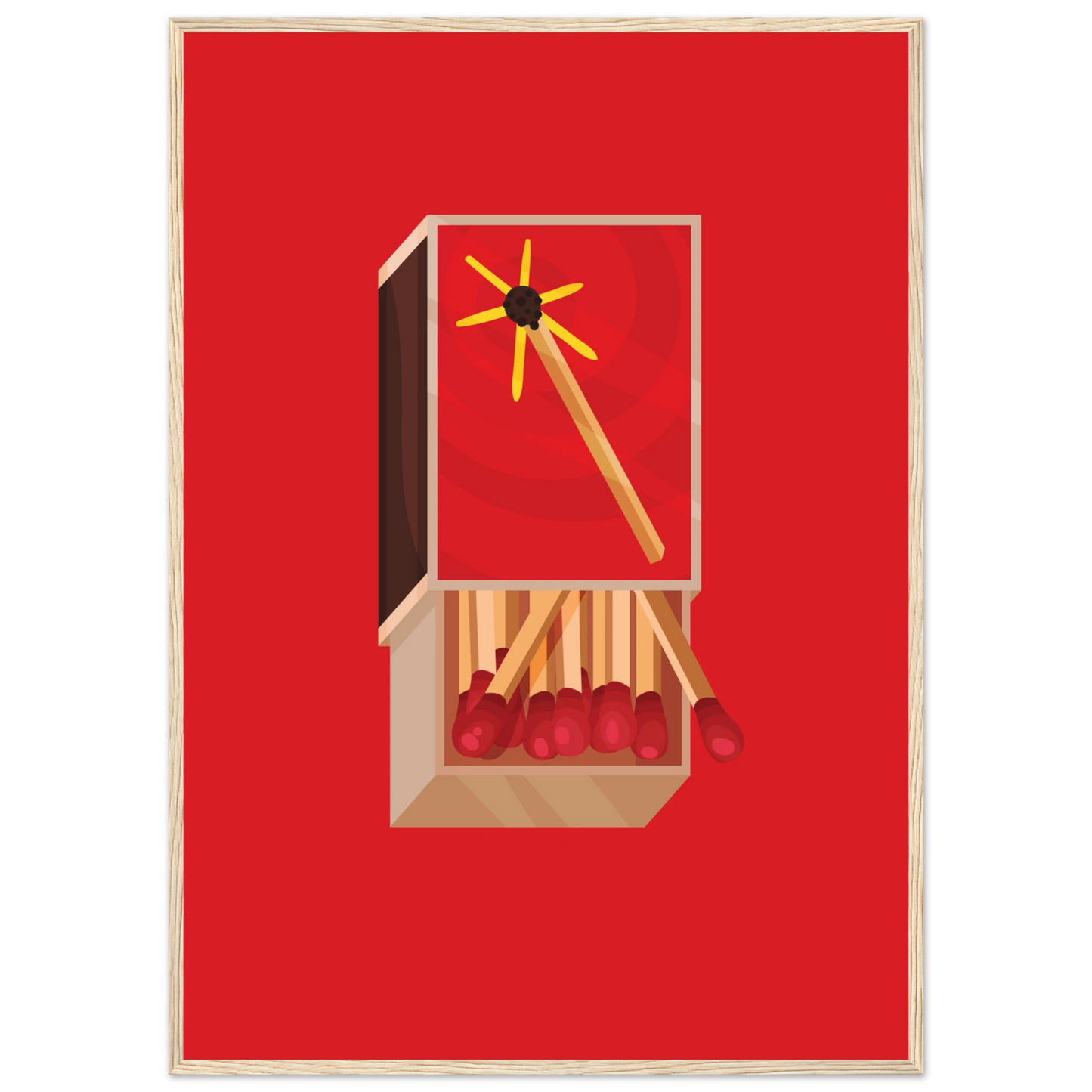 Fiery matchbox art print ignite your decor with bold red yellow hues available framed in various sizes art print in a Black frame size A1 (59.4 x 84.1  cm) affordable wall art by Art Aunty NZ