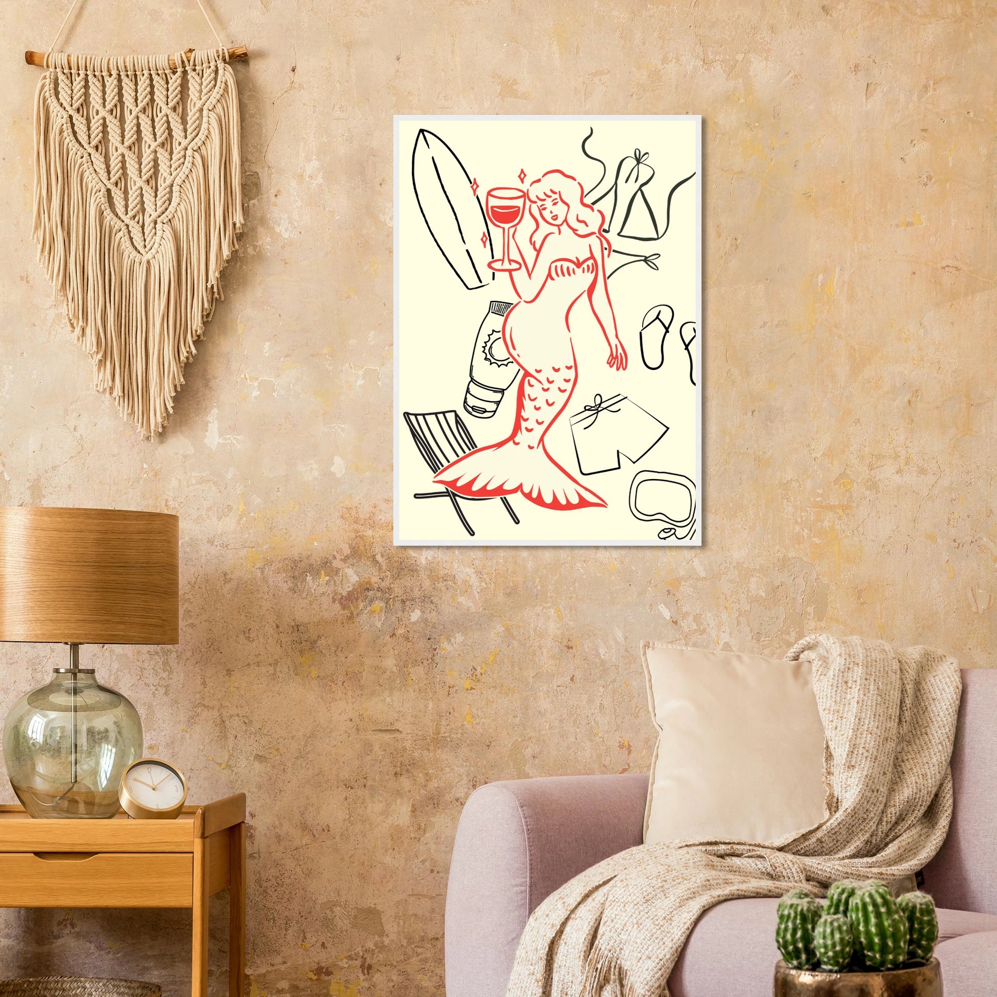 Summer mermaid wall art print beach vibes relaxation in your choice of size frame art print in a  size  affordable wall art by Art Aunty NZ