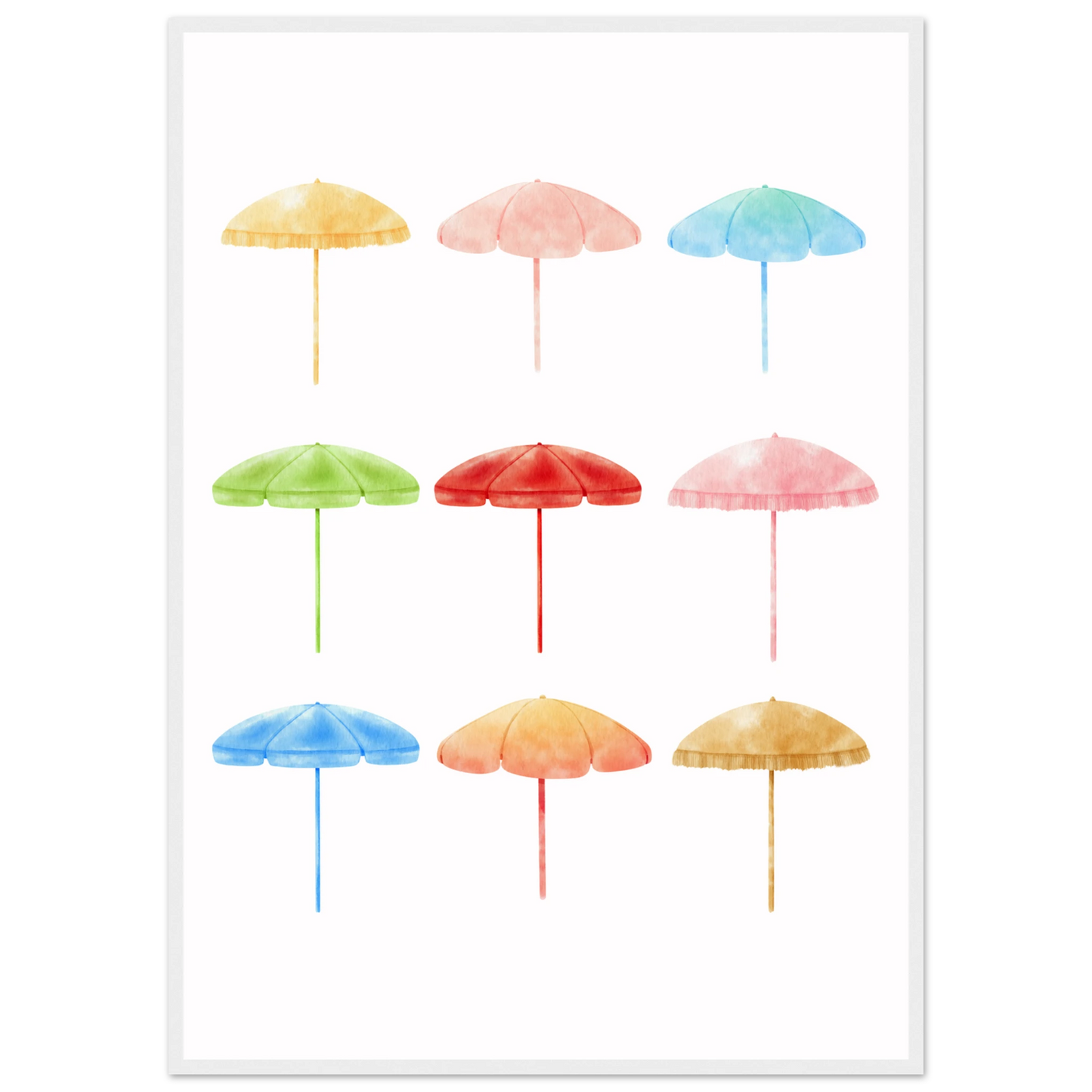 Summer shades playful watercolor beach umbrellas art print by anya trut choose your size frame art print in a White frame size 21x29.7 cm / 8x12" affordable wall art by Art Aunty NZ