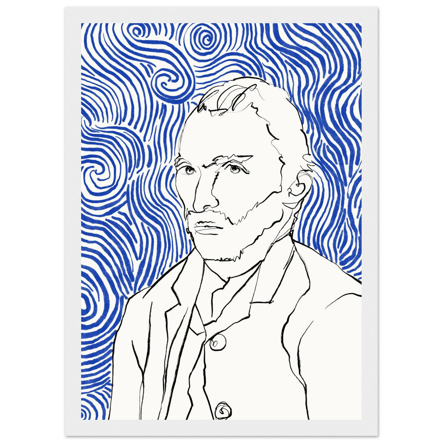 Starry night visionary framed poster iconic artist portrait with swirling blue lines by ioana horvat art print in a Wood frame size A1 (59.4 x 84.1  cm) affordable wall art by Art Aunty NZ