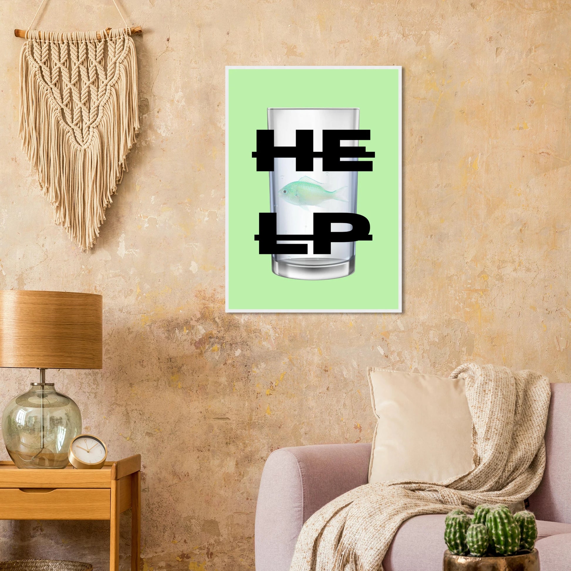 Eco vibe help fish in glass print by anya trut modern art in your choice of size frame art print in a  size  affordable wall art by Art Aunty NZ