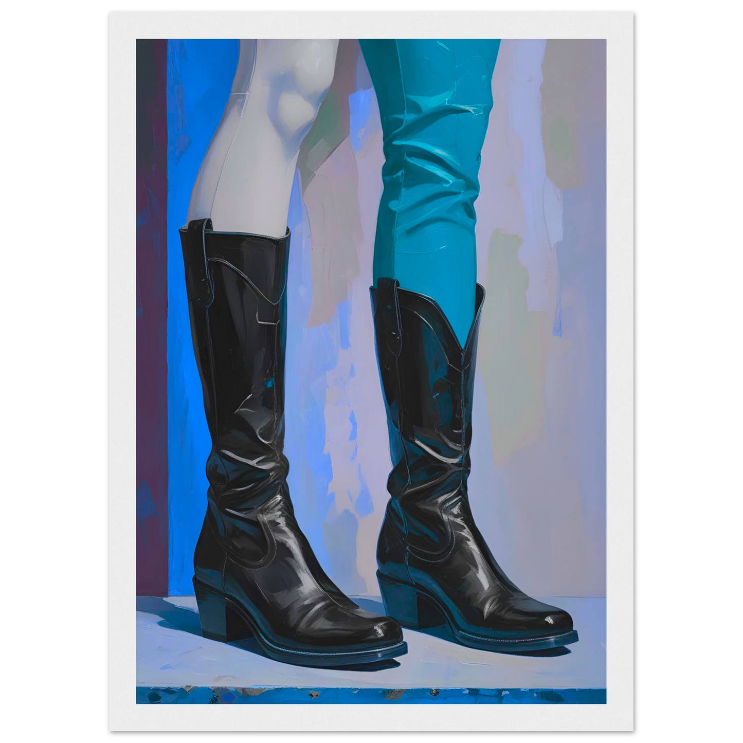 Urban cowboy boots abstract art print by anya trut striking blue black contrast customizable framed poster art print in a Wood frame size A1 (59.4 x 84.1  cm) affordable wall art by Art Aunty NZ