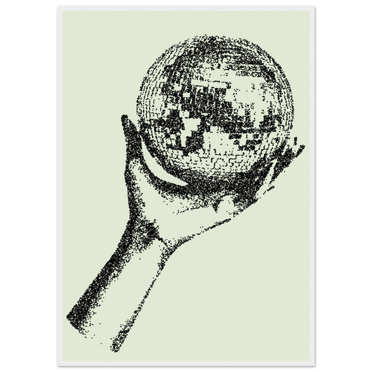 Digital disco ball hand global vision framed poster choose your size frame art print in a White frame size 21x29.7 cm / 8x12" affordable wall art by Art Aunty NZ