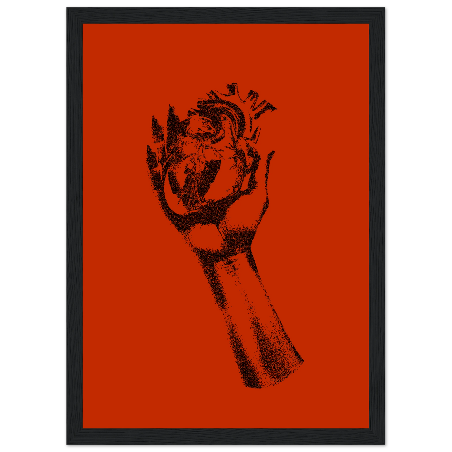 Fiery heart in hand stipple art print by anya trut choose your size frame art print in a White frame size A2 (42 x 59.4  cm) affordable wall art by Art Aunty NZ
