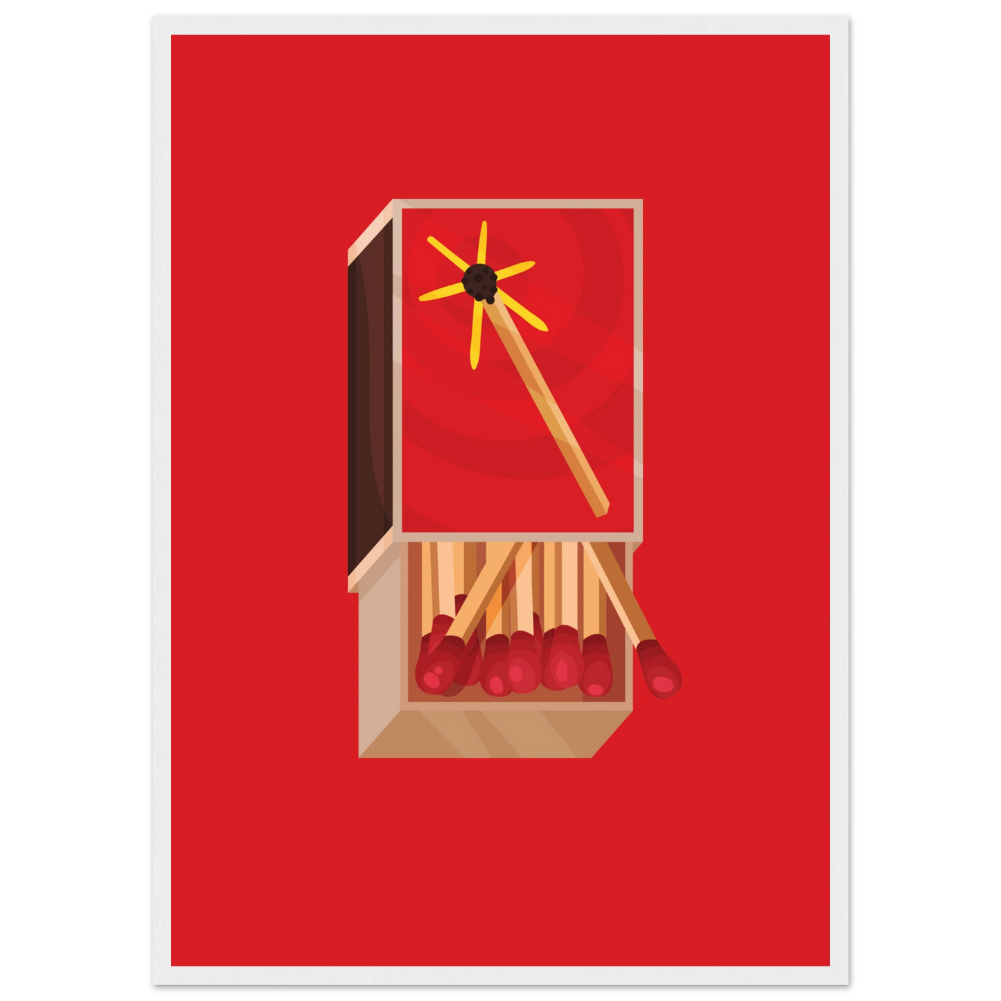 Fiery matchbox art print ignite your decor with bold red yellow hues available framed in various sizes art print in a Wood frame size A2 (42 x 59.4  cm) affordable wall art by Art Aunty NZ