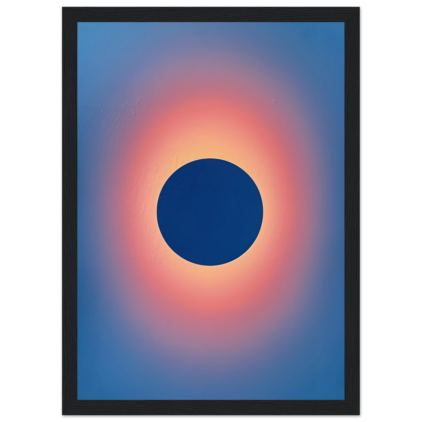Cosmic eclipse gradient art print celestial blue sunset glow wall decor by anya trut multiple sizes and frames art print in a White frame size A2 (42 x 59.4  cm) affordable wall art by Art Aunty NZ