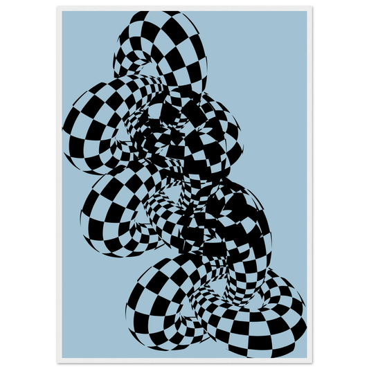 Abstract swirl mesmerizing checkered optical illusion wall art by anya trut art print in a White frame size 21x29.7 cm / 8x12" affordable wall art by Art Aunty NZ