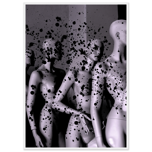 Abstract mannequin splatter art print by anya trut expressive wall decor in your choice of size and frame art print in a White frame size 21x29.7 cm / 8x12" affordable wall art by Art Aunty NZ