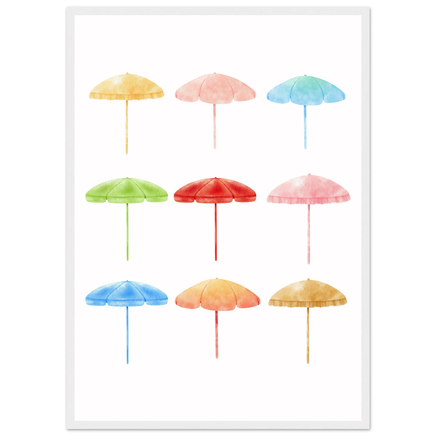Summer shades playful watercolor beach umbrellas art print by anya trut choose your size frame art print in a Wood frame size A2 (42 x 59.4  cm) affordable wall art by Art Aunty NZ