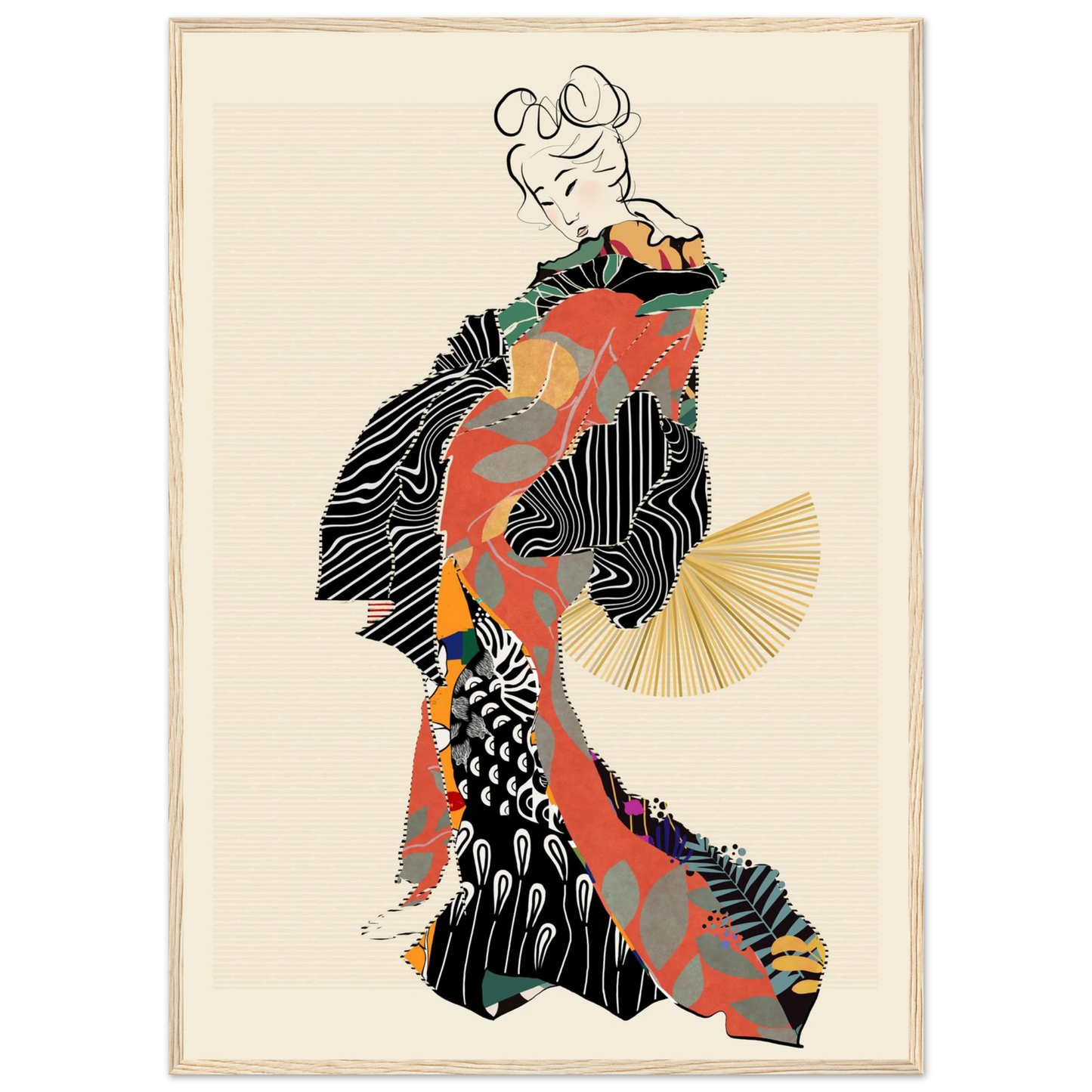Abstract kimono geisha art print by ioana horvat vibrant patterns elegant style various sizes frames art print in a White frame size A1 (59.4 x 84.1  cm) affordable wall art by Art Aunty NZ
